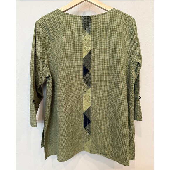 Habitat Green Checked Multi Pattern Tunic Blouse Medium 3/4 Sleeves Lagenlook - Picture 2 of 10